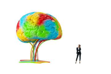 A businesswoman stands thoughtfully by a large, vibrant brain model. White background. Concept of creativity, innovation, and psychology