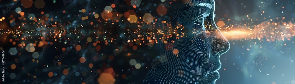 Poster mesmerizing digital human face formed by flowing data streams representing intelligence