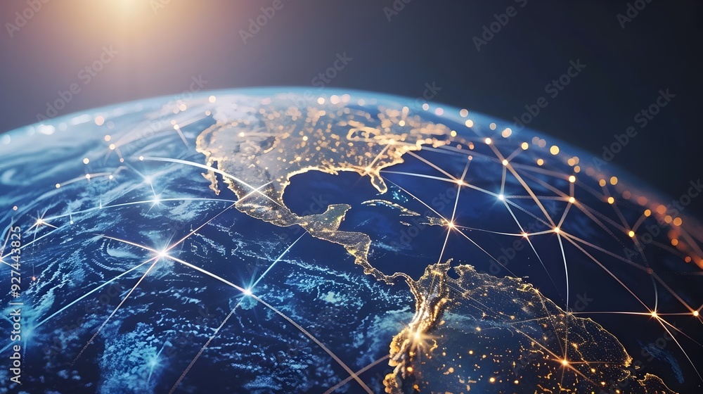 Aufkleber illuminated global data network connecting continents on abstract futuristic sphere