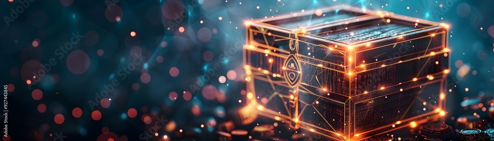 Poster extracting data from a glowing virtual treasure chest uncovering hidden insights and possibilities
