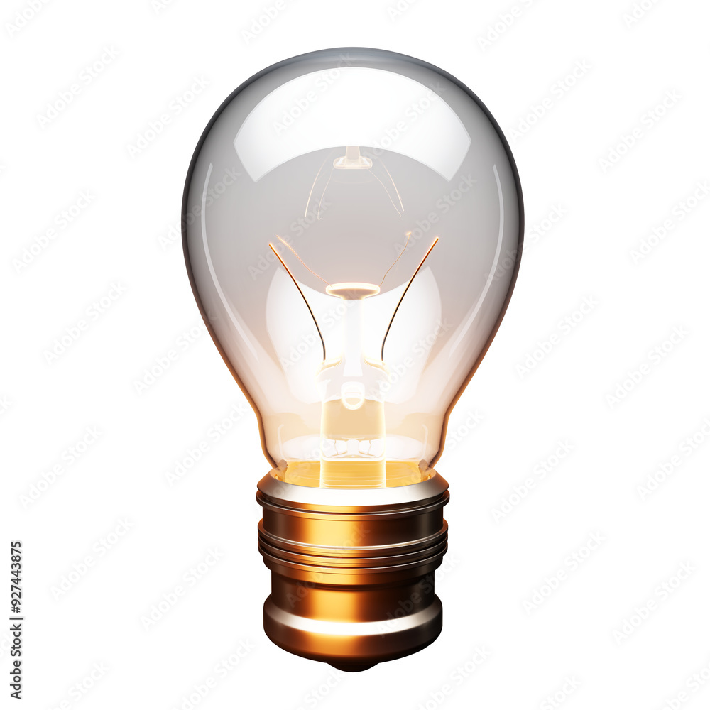 Poster Closeup of an illuminated lightbulb on a white background, showcasing the glowing filament and metallic base. Concept of creative ideas. 3D Rendering