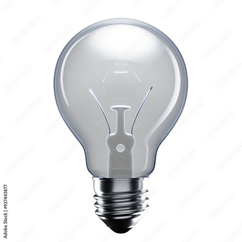 Poster Closeup image of a clear lightbulb on a white background. The bulb is isolated and cut out, making it ideal for design concepts. 3D Rendering