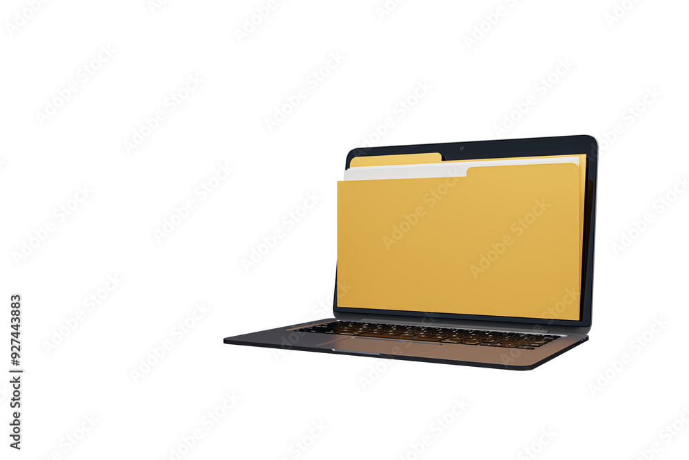 Poster Laptop displaying a large yellow folder on the screen, isolated on a white background. Concept of document management, data storage, and online services. 3D Rendering