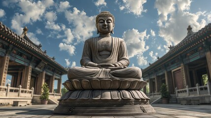 Obraz premium AI-generated images of Buddha statues are covered with the roots of large trees and ancient sites