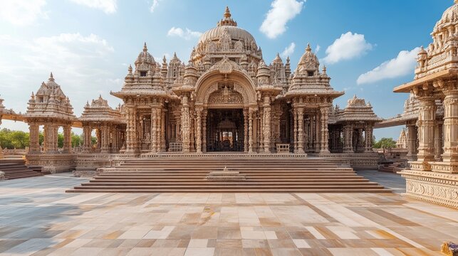 Traditional Indian design of the Swaminarayan Akshardham Temple with its intricate carvings and peaceful ambiance