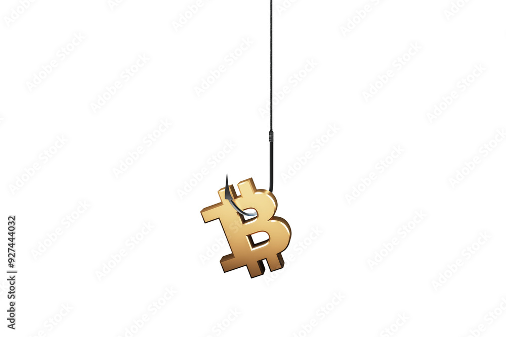 Poster bitcoin symbol caught on a fishing hook, isolated on a white background. concept of digital currency