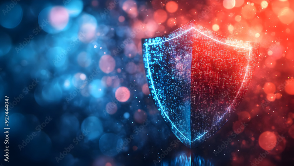 Poster a glowing digital shield symbol representing security and protection in a vibrant bokeh background.