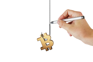 Hand holding pen with Bitcoin symbol on a hook, white background. Concept of cryptocurrency, security, phishing, and digital scams