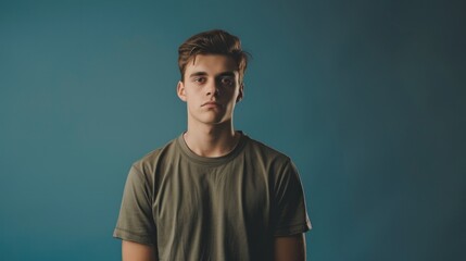 Fototapeta premium Young man expressing gratitude standing against a solid studio background