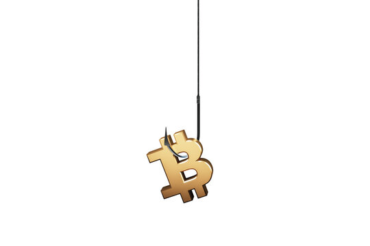 Bitcoin symbol caught on a fishing hook, isolated on a white background. Concept of digital currency scams or cybersecurity risks. 3D Rendering