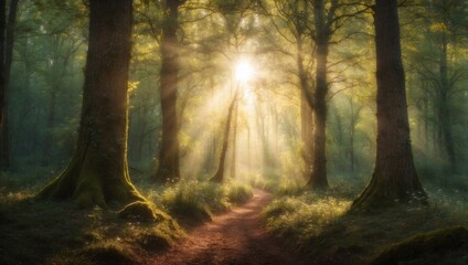 Obraz premium A path in the woods with the sun shining through the trees. 