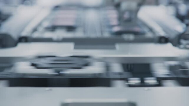 Front view of Computer Chip being Moved and Processed on Conveyor Line. Processors on Conveyor at Electronics Factory. Microchip Manufacturing Facility. Computer Chip Automated Production Process