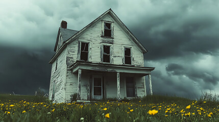 a foreboding old farmhouse with cracked paint and broken shutters, set against a stormy sky, evoking a ghostly vibe