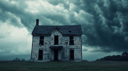 a foreboding old farmhouse with cracked paint and broken shutters, set against a stormy sky, evoking a ghostly vibe