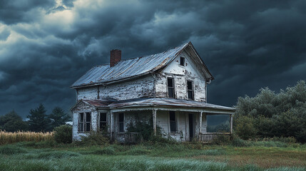 a foreboding old farmhouse with cracked paint and broken shutters, set against a stormy sky, evoking a ghostly vibe