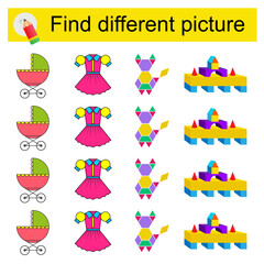 Fun puzzle game for children. Find the odd one in the group. Vector illustration of cartoon baby carriage, dress, animal, pyramid.