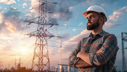 A man in a hard hat stands in front of a power line. He is wearing a blue jacket and has his arms crossed. The sky is cloudy and the power line is tall