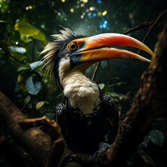 AI generator image of Hornbill,Oriental Pied Hornbill Black body, white lower chest and belly.