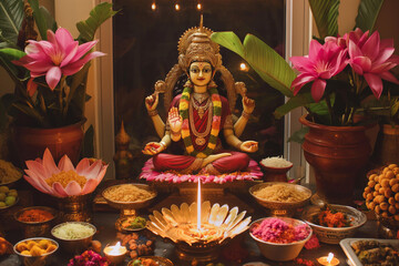 Beautifully Adorned Lakshmi Statue on Ornate Puja Altar for Diwali Celebration