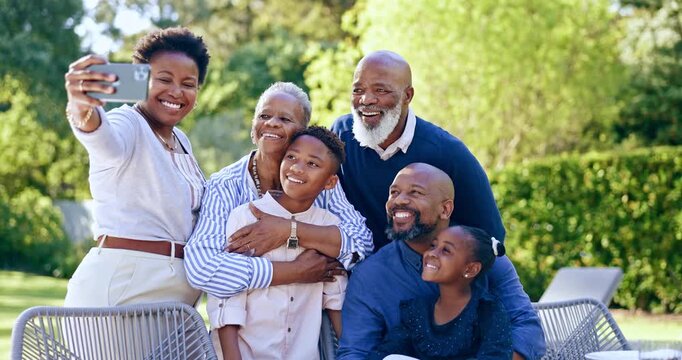 Family, love and bonding by generations in outdoors, selfie and social media with hug, smartphone and garden. Black people, happiness and celebrate on birthday, nature and food or praying on sequence