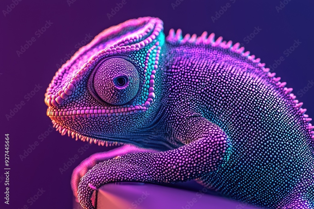 Poster A vibrant chameleon showcasing iridescent colors in a captivating close-up, highlighting its unique texture and features.