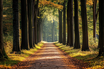 A sunlit path in a forest with tall trees is covered in autumn leaves creating a warm and inviting scene in nature
