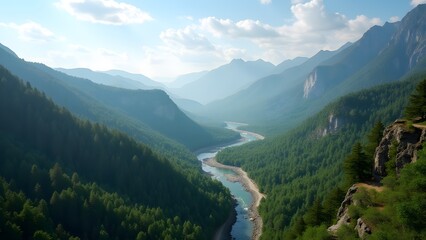 Obraz premium A scenic mountain valley with a winding river and dense forests under a clear, serene sky