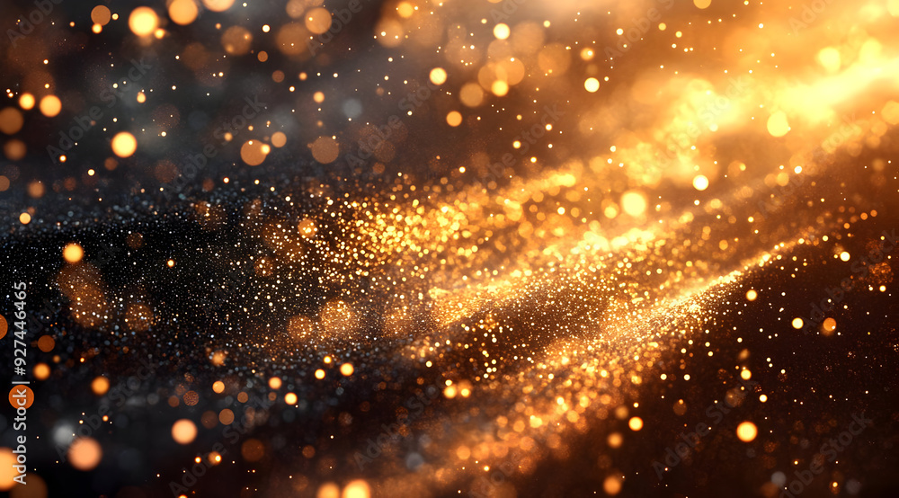 Poster a mesmerizing display of golden particles sparkling against a dark background, perfect for creative 