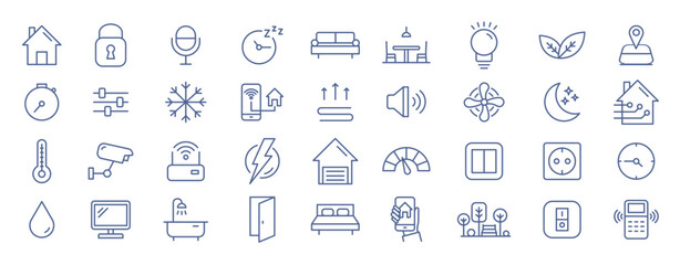 Collection of smart house linear icons - control of lighting, heating, air conditioning. Set of home automation and remote monitoring symbols drawn with thin contour lines. Vector illustration