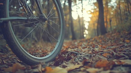 Fototapeta premium bicycle wheel, bike in the forest on earth, retro instagram effect --ar 16:9 --v 6.1 Job ID: de1f68eb-cc84-4d24-9b0e-87c89533b529