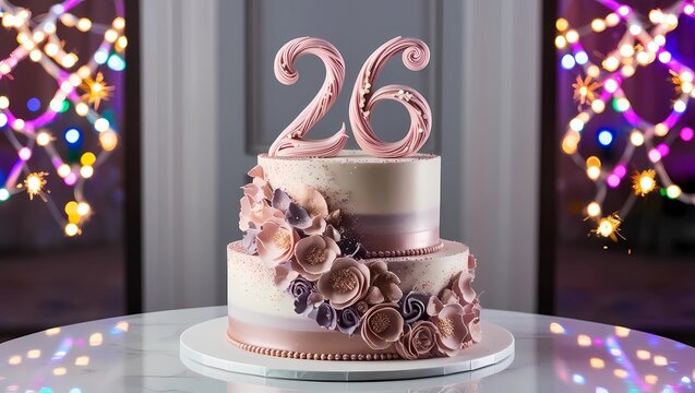 Sophisticated 26th Birthday Cake with Pastel Floral Design and Stylish Number Topper
