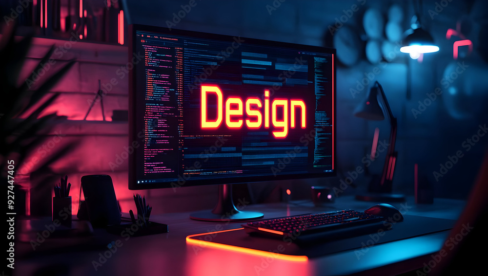 Poster a modern workspace featuring a glowing computer screen displaying the word 'design' in vibrant neon 