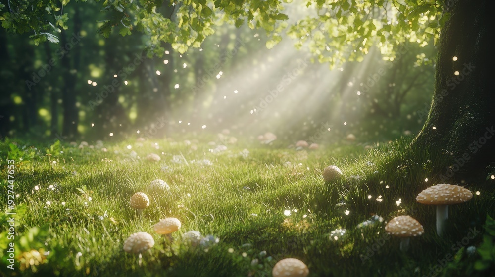 Poster a serene forest scene with sunlight filtering through trees, illuminating mushrooms on the ground.