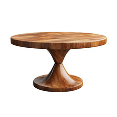 A wooden table with a round top and a tall, thin base