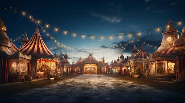 A brightly lit circus tent stands out against the night sky.