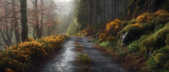 Obraz premium AI generator image of Car travel on the road,Road in foggy forest in rainy day in spring. Beautiful mountain curved roadway, trees with green foliage in fog and overcast sky. Landscape with empty asph