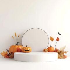 Minimalist podium, faint Halloween and fall decor, watercolor style