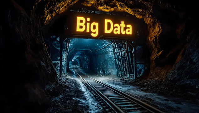 A mysterious mining tunnel illuminated with a sign reading 'Big Data', symbolizing the exploration of vast data resources.