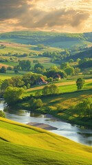 AI generator image of a lake in the middle of a valley The weather is cool,field of green mountain landscape