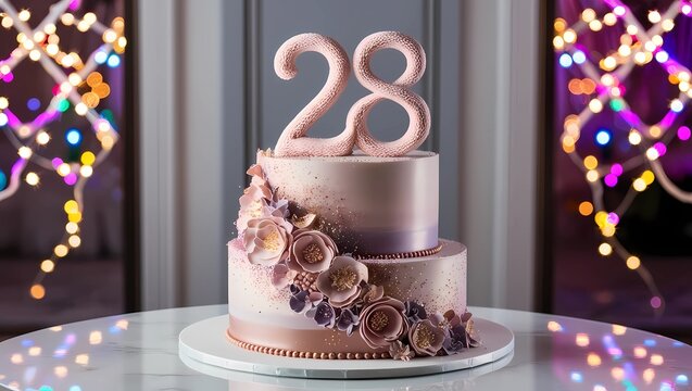 Chic 28th Birthday Cake with Elegant Floral Details and Unique Textured Number Topper
