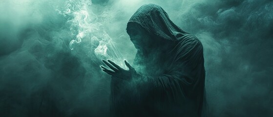 A cloaked mystery man controls ghostly strings in an atmospheric setting with dramatic contrasts revealing a captivating and cryptic narrative