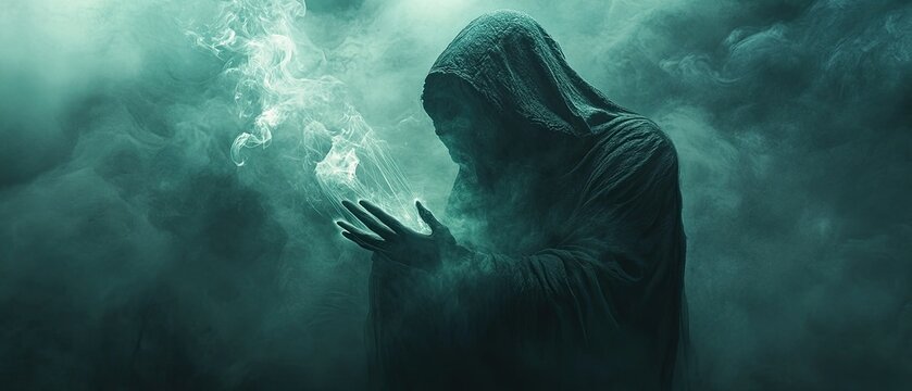 A cloaked mystery man controls ghostly strings in an atmospheric setting with dramatic contrasts revealing a captivating and cryptic narrative