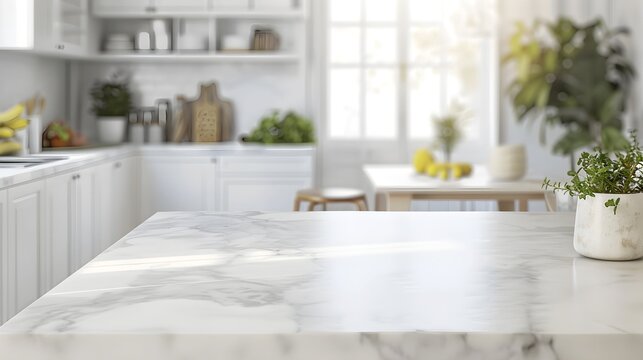 A bright kitchen with a large marble bench as the focus in the foreground and the background slightly blurred, light color palette, modern looking