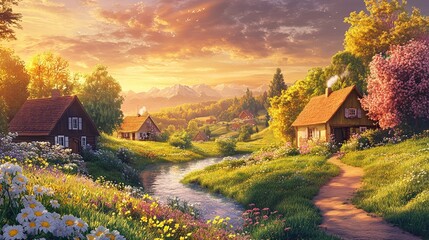 Idyllic country view with charming cottages flowering meadows gentle river flowing through rolling terrain vibrant sunrise enhancing tranquility