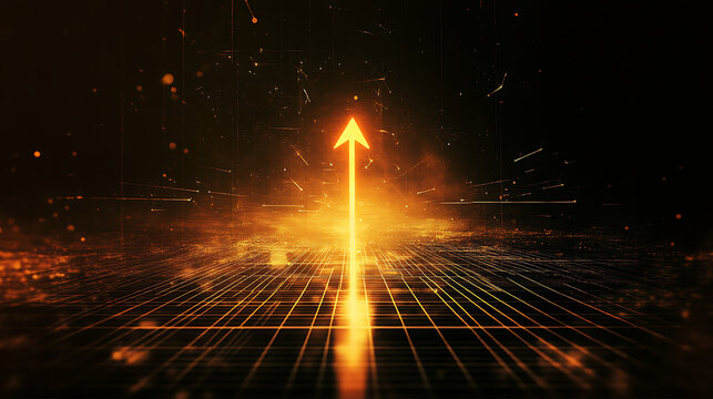 a dark textured background. A grid pattern overlays the image, and a dynamic light arrow points upward from the grid, symbolizing progress and digital development