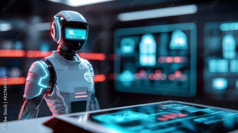 Wall mural an ai-powered robot examines digital data on a touchscreen in a futuristic control room, showcasing 
