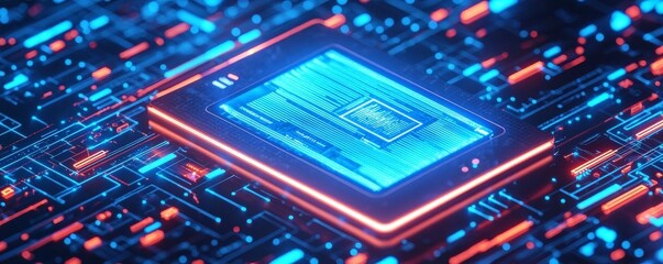 A futuristic microchip with a glowing digital display is embedded on a circuit board, surrounded by blue and red elements, symbolizing advanced technology and data processing.