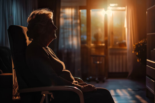 A woman is sitting in a chair in a dimly lit room. She is looking out the window, and the room is filled with shadows. Scene is quiet and contemplative