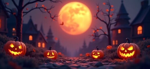 A spooky Halloween scene with a haunted house, jack-o'-lanterns, bats, and a large glowing full moon