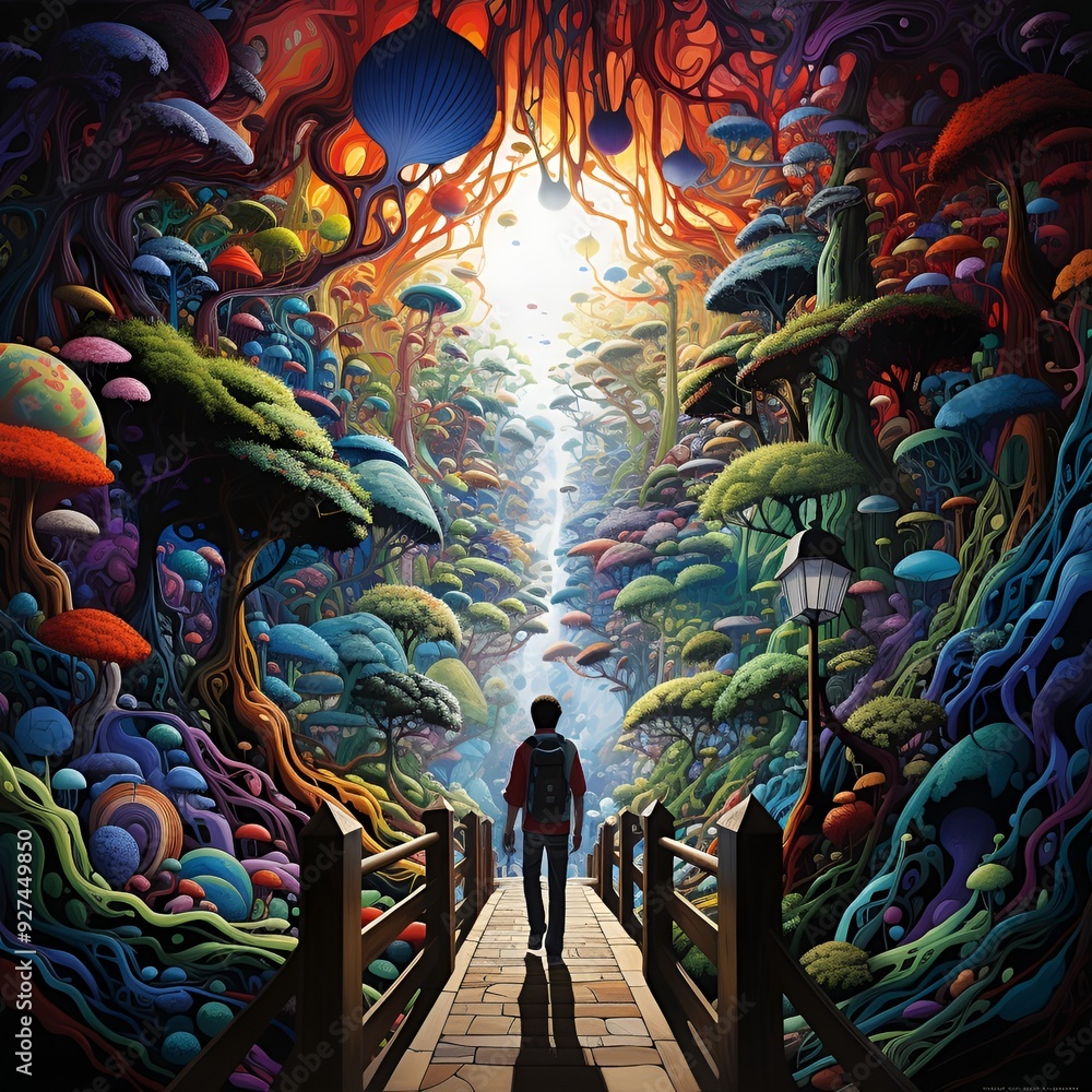 Poster a man walking on a path through a colorful forest.